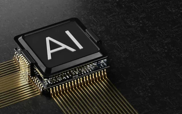 Chip en placa de circuito con letras AI en relieve y pistas doradas
