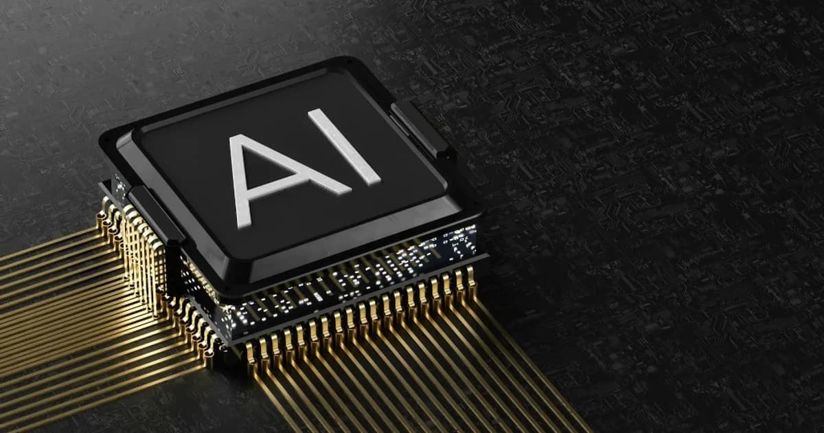 Prozessorchip auf Leiterplatte mit erhabener AI-Beschriftung und goldenen Leiterbahnen